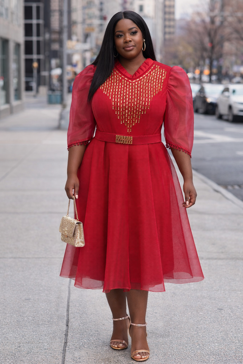 Ruby Elegance Beaded Midi Dress – Pink