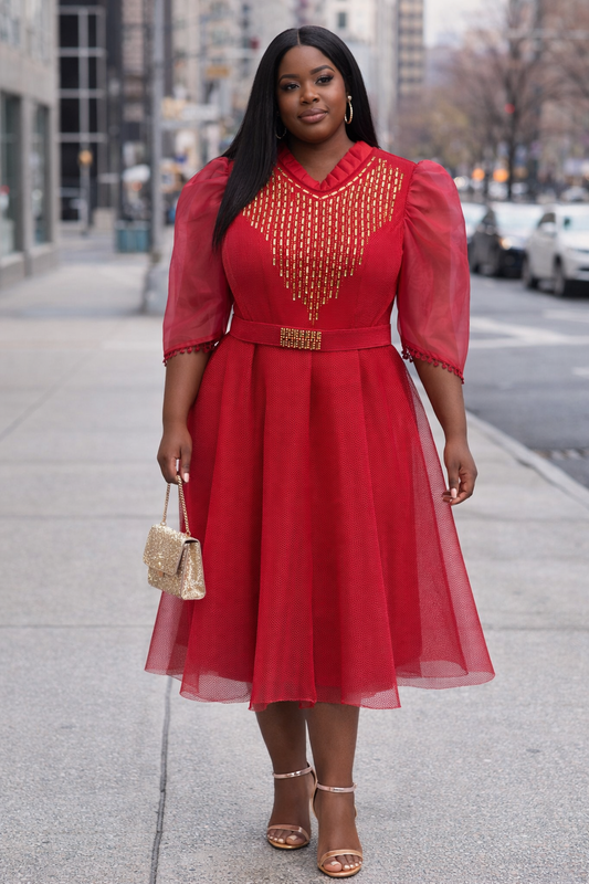 Ruby Elegance Beaded Midi Dress – Pink