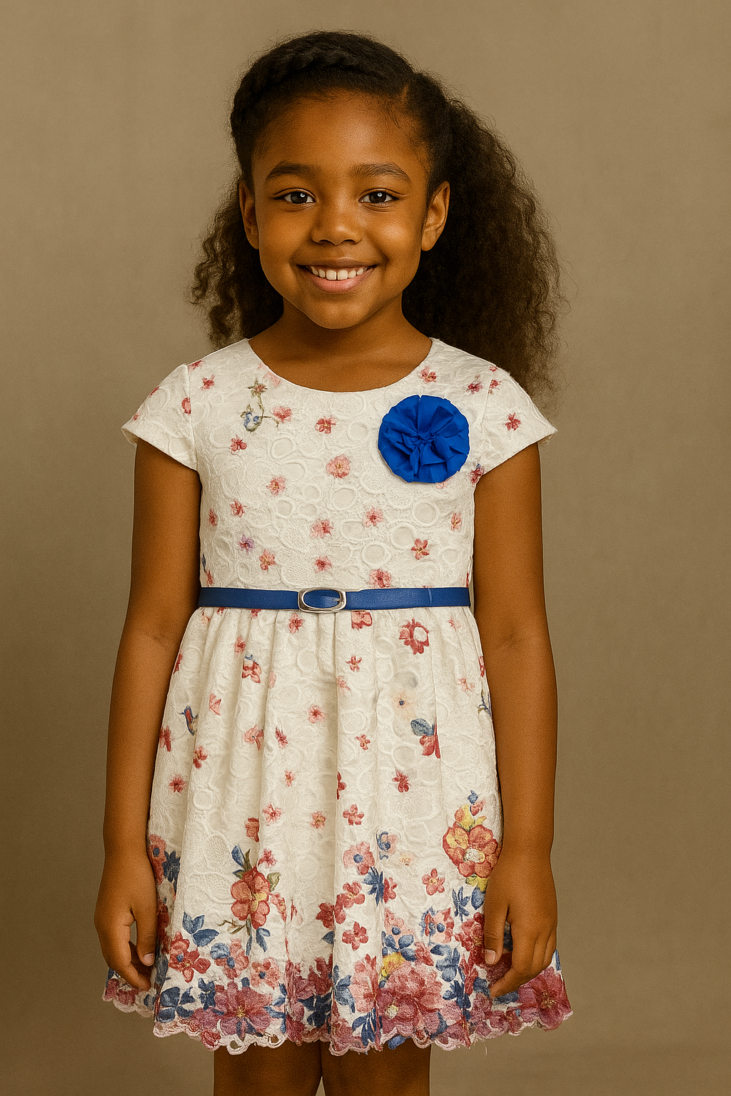 Kids’ Lace Floral Dress – Short Sleeve with Blue Belt