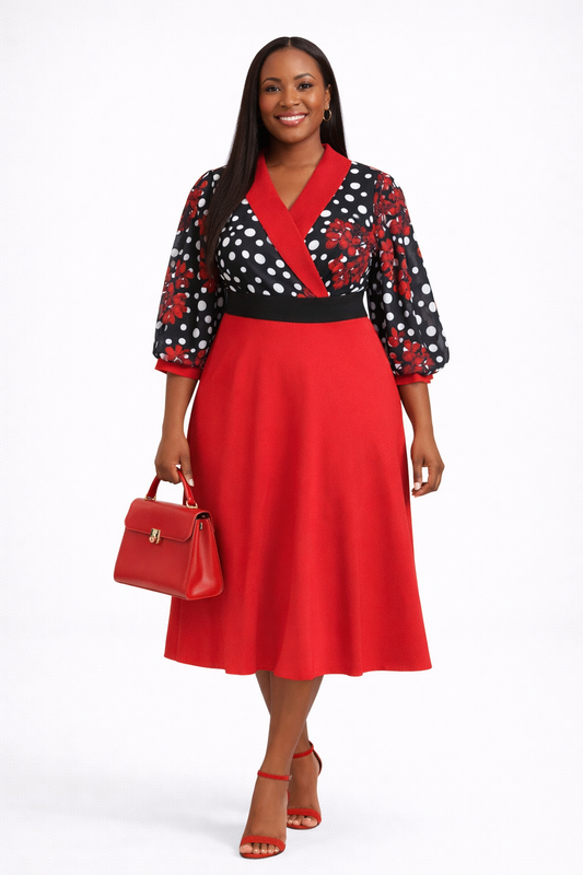 Red Elegance Polka Floral Corporate Midi Dress