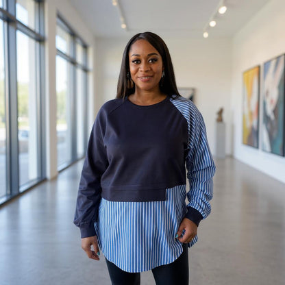 Mixed Fabric Blue Top – Stripe & Solid Combo