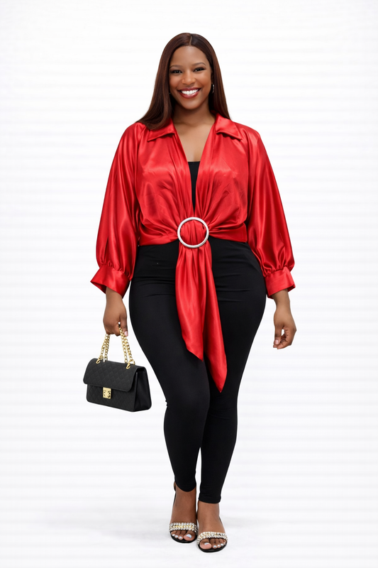 Elegant Red Satin Ring-Detail Blouse