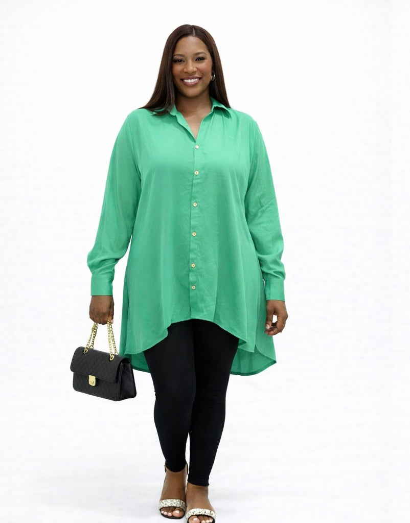 Chiffon Long Sleeve Green Shirt with Back Flap Detail