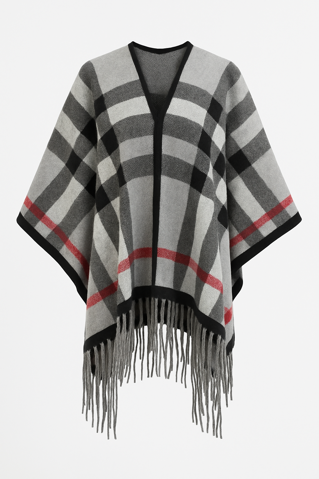 Cozy Checkered V-Neck Poncho with Fringe Hem