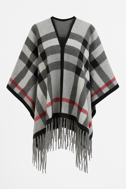 Cozy Checkered V-Neck Poncho with Fringe Hem
