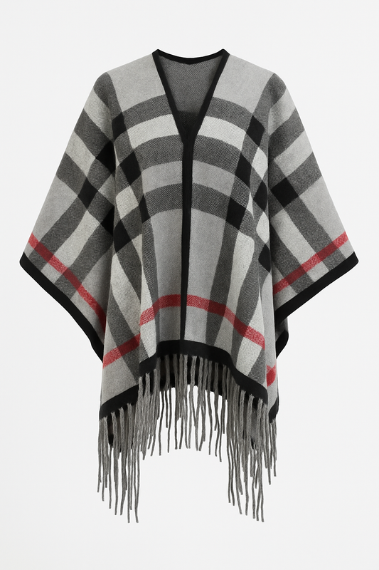 Cozy Checkered V-Neck Poncho with Fringe Hem
