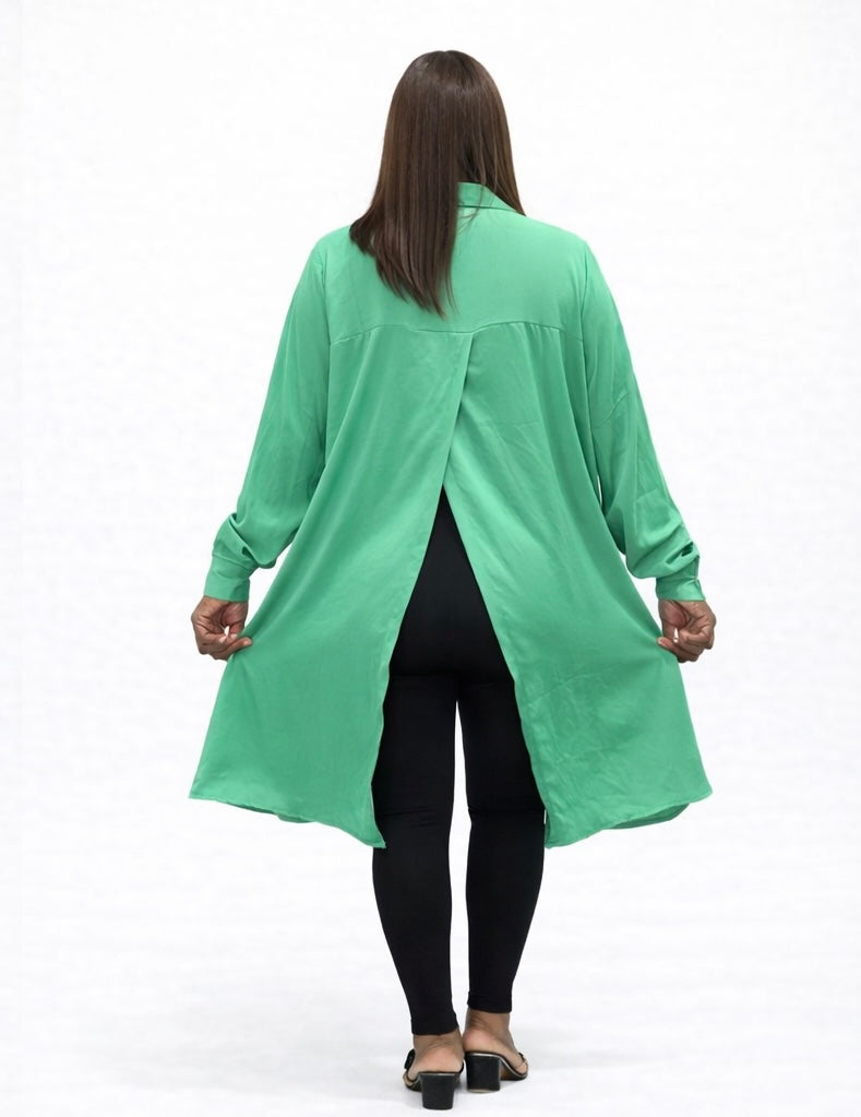 Chiffon Long Sleeve Green Shirt with Back Flap Detail