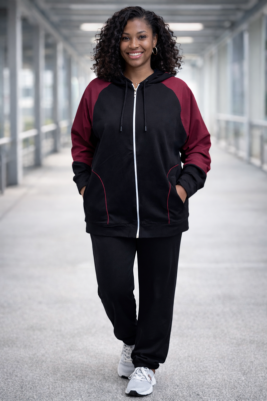 Relaxed Fit Zip-Up Tracksuit (Black & Burgundy )