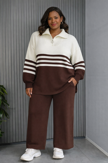 Brown Luxe Knit Two-Piece Lounge Set – Half-Zip Sweater & Wide-Leg Pants