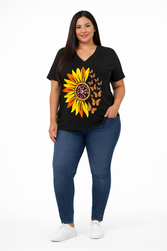 Black Sunflower & Butterfly V-Neck Tee – Effortless Glow Collection