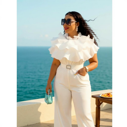 Tailored White Jumpsuit – Sleek & Ruffled Neck