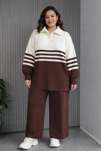 Brown Luxe Knit Two-Piece Lounge Set – Half-Zip Sweater & Wide-Leg Pants