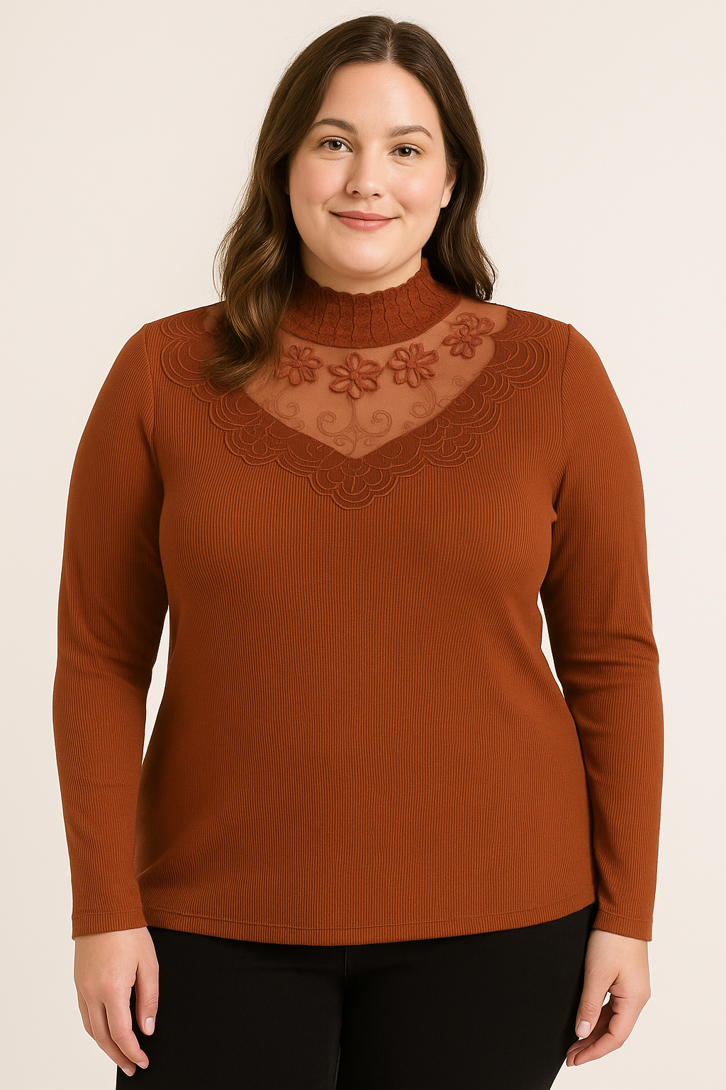 SparkleLuxe: Brown Decorated Double Layer Sweater
