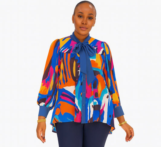 Vibrant Abstract Bow-Tie Blouse
