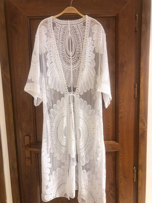 Sheer White Net Beachwear Cover-Up