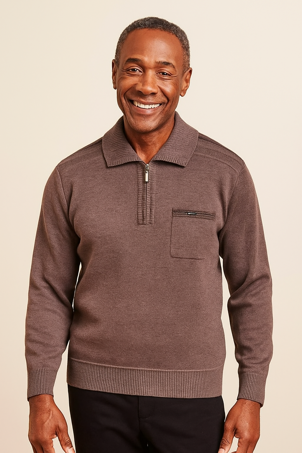 Men’s Thermal Zip-Collar Knit Sweater – Brown