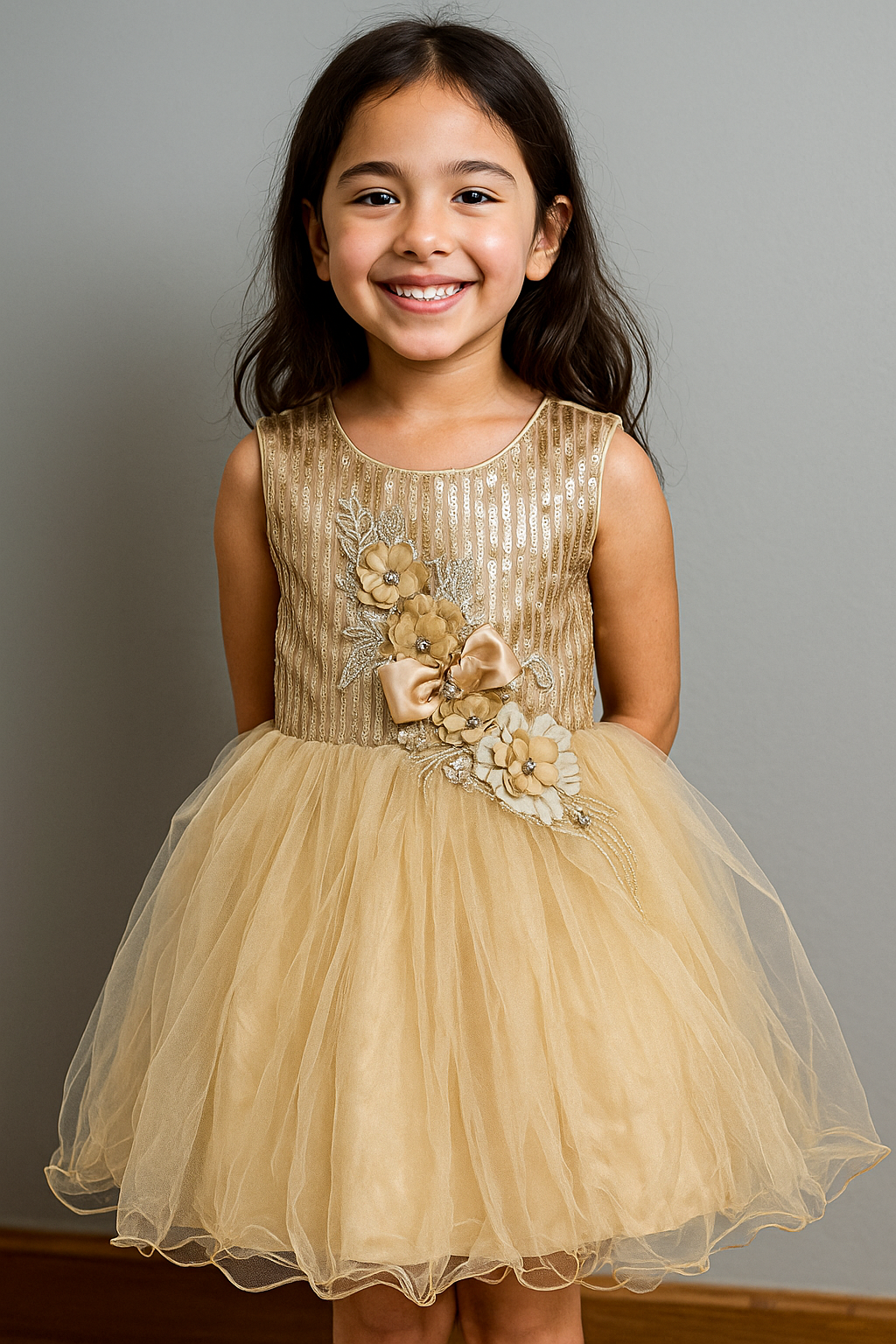 Little Girls’ Sky Gold Party Dress – Embroidery & Tulle