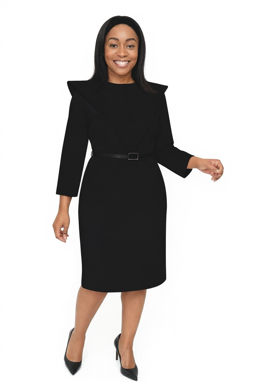 Premium Black Colour Cape-Collar Midi Dress