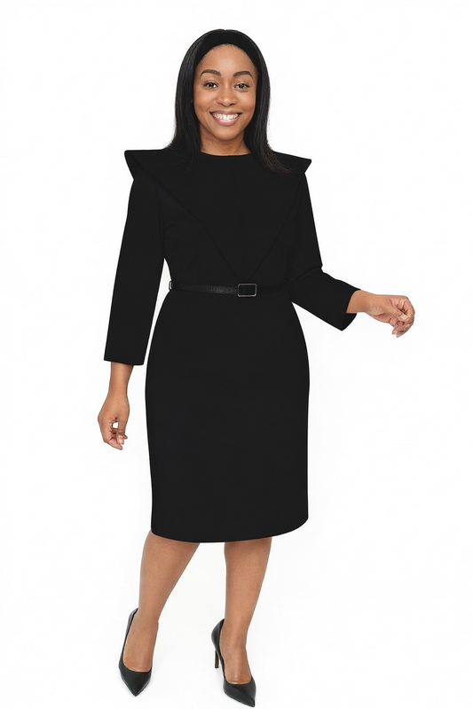 Premium Black Colour Cape-Collar Midi Dress