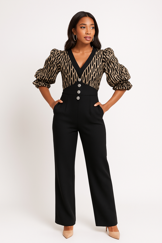 Luxury Patterned Sleeve Black Jumpsuit