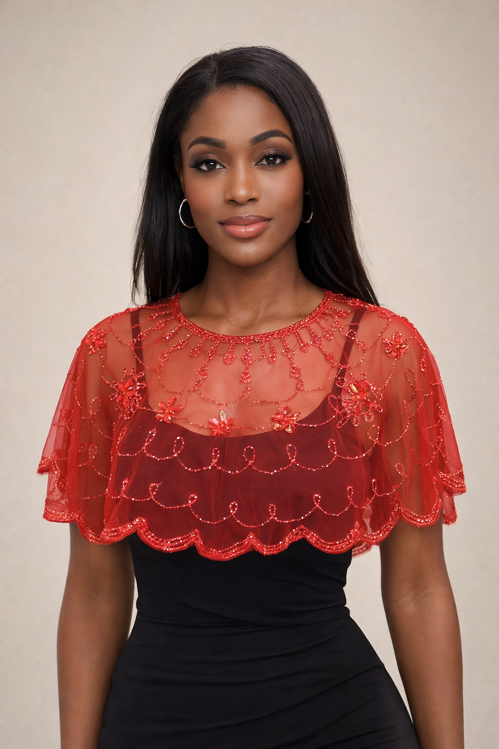Elegant Sheer Cape Top with Hand Beading