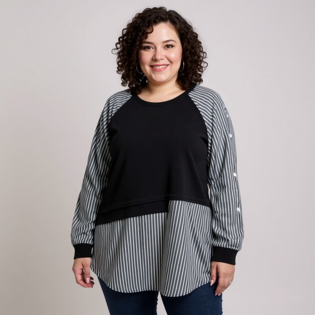 Mixed Fabric Black Top – Stripe & Solid Combo