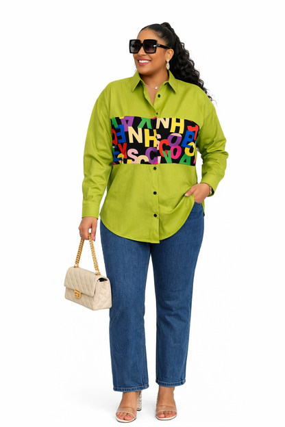 Green Cotton Shirt with Printed Write-Up Design