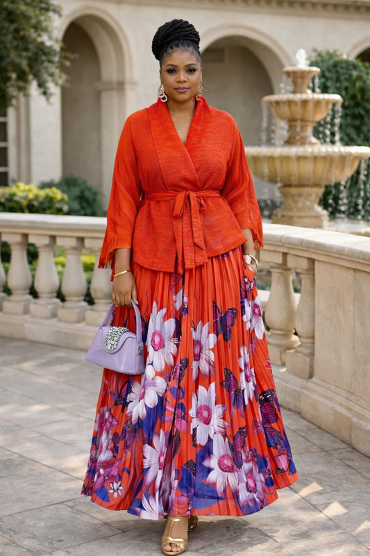 Miyaki -  Pleated Two-Piece Set with Cape Top Flower Print Skirt