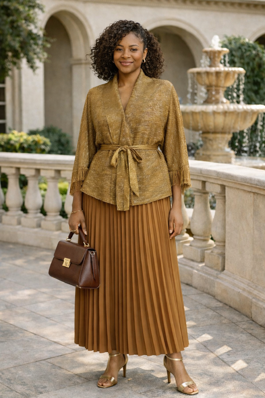 Elegant Nude Pleated Two-Piece Set with Fringe Cape Top