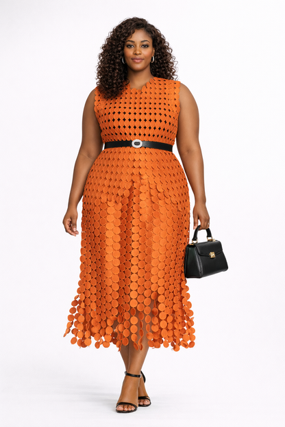 Textured Circle Appliqué Two-Piece Set (Top & Skirt) – Burnt Orange