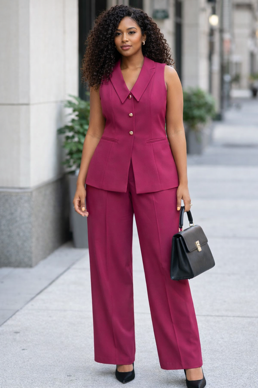 Burgundy Tailored Vest & Wide-Leg Pants Set