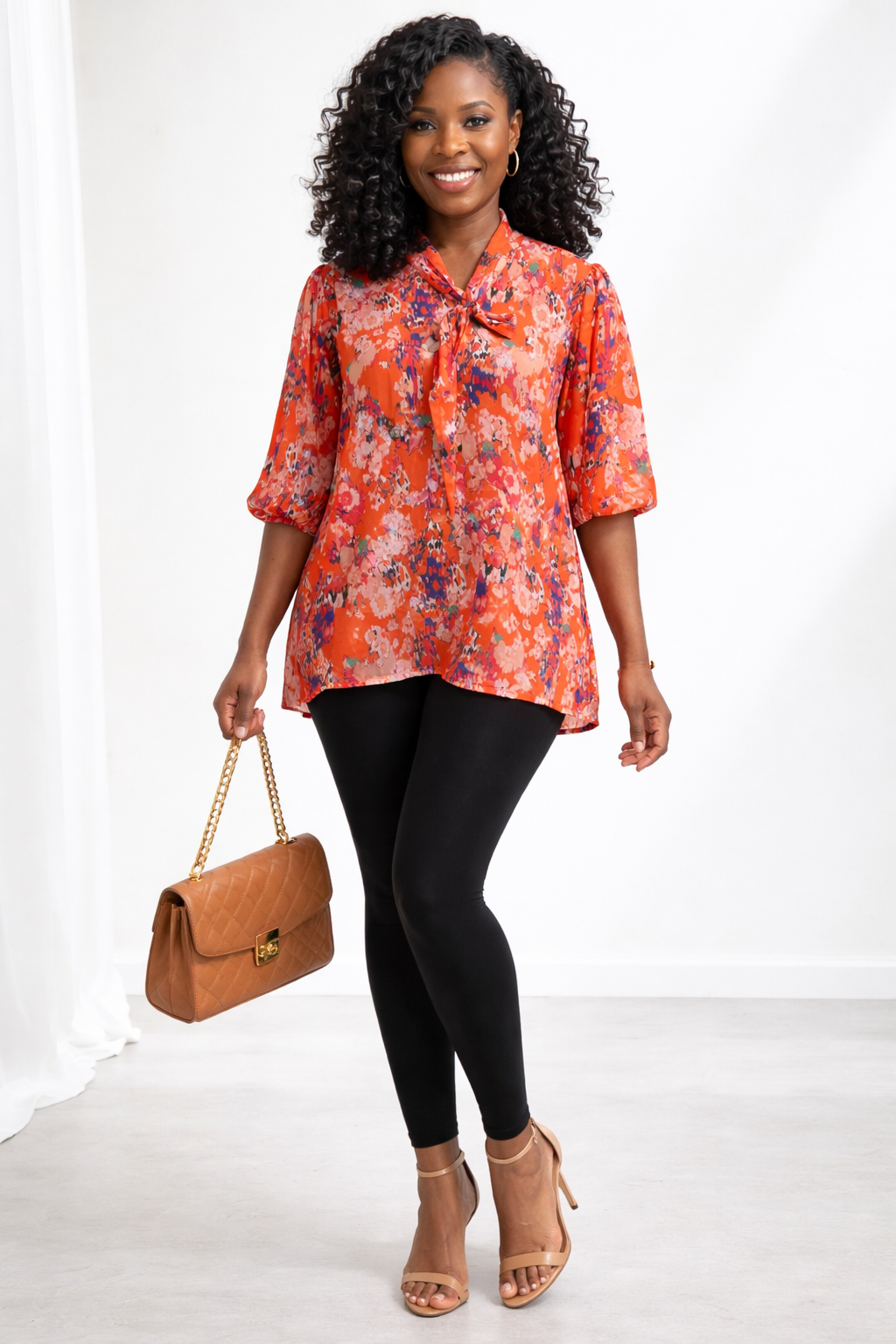 Floral Tie-Neck Chiffon Blouse (Orange Mix)