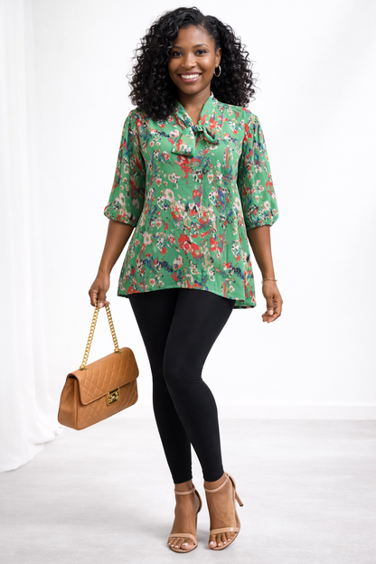 Floral Tie-Neck Chiffon Blouse (Green Mix)