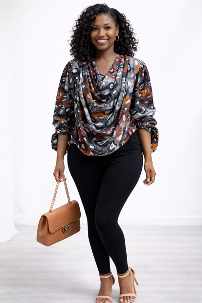 Cowl Drape-Neck Chiffon Blouse (Black Mix)