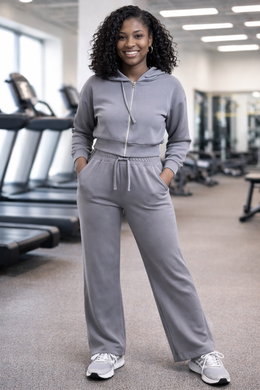 Relaxed-Fit Zip-Up Tracksuit Set (Wide-Leg Pants) Grey