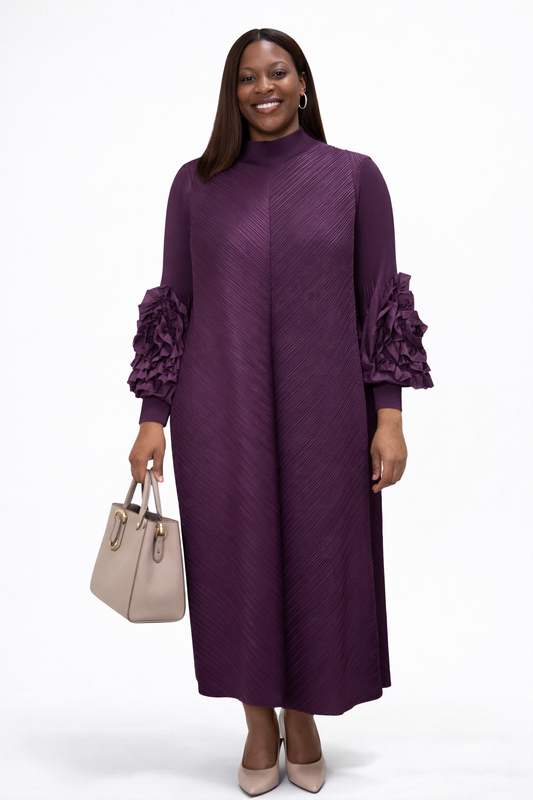 One Size  Purple Pleated Miyaki Dress - Stretchy Fabric