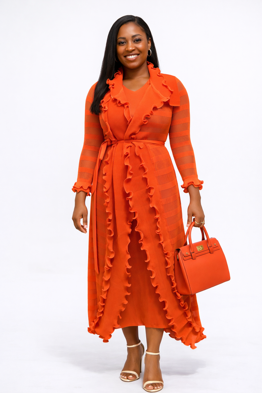 Vibrant  Orange Miyaki Dress & Jacket Ruffled Mesh