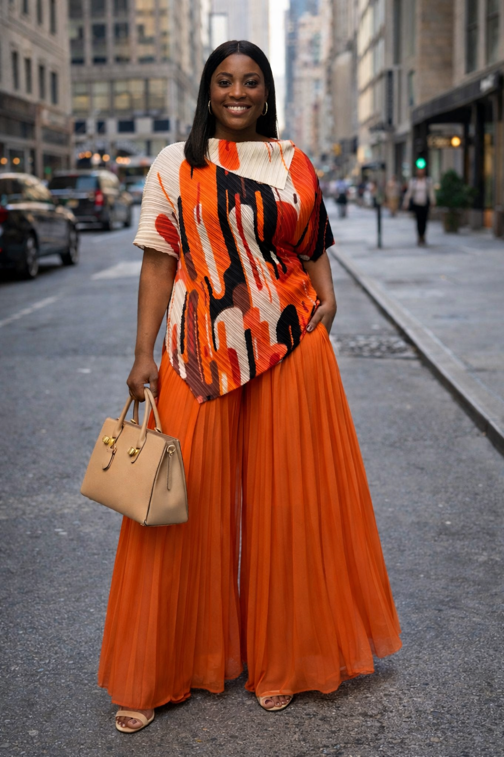 Miyaki - Orange Pleated Two-Piece Set with Patterned Top