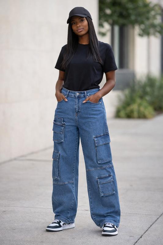 High-Waist Cargo Denim Jeans – Street Style Utility Fit
