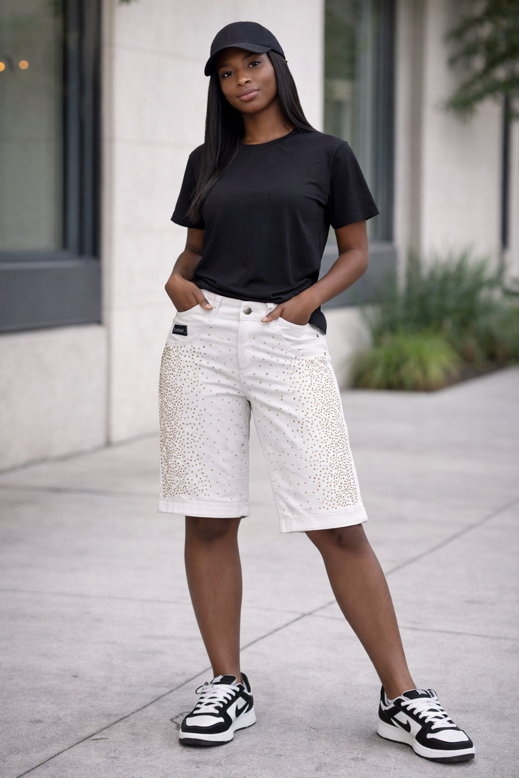 Luxury Studded White Denim Shorts – Chic Summer Street Style 