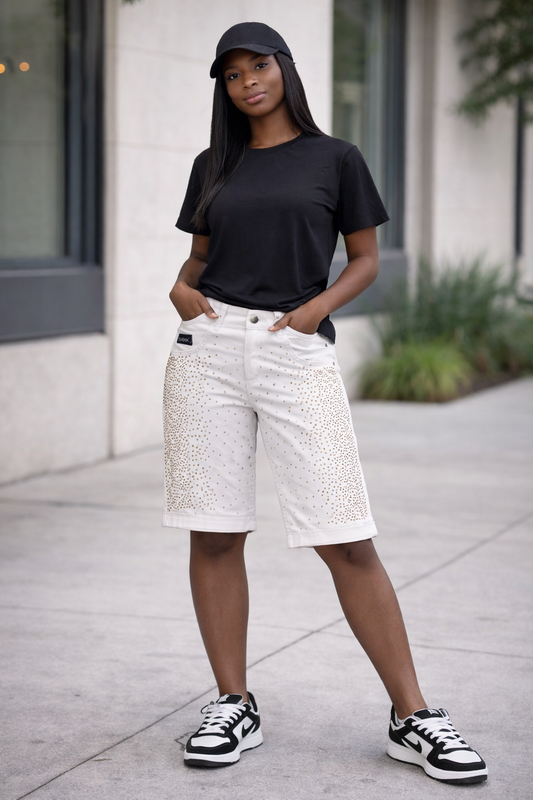 Luxury Studded White Denim Shorts – Chic Summer Street Style 