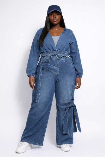 Chic Denim Two-Piece Set – Crop Top & Wide-Leg Pants with Belt Detail