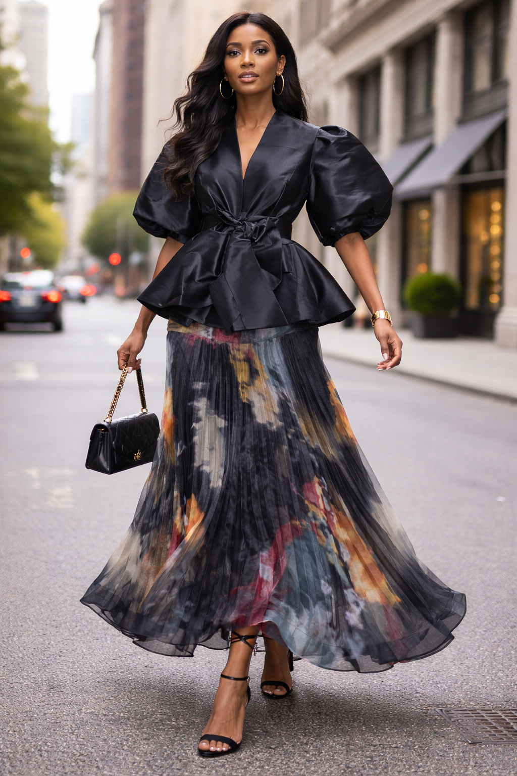 Urban Luxe Black Peplum Top & Printed Flow Maxi Skirt