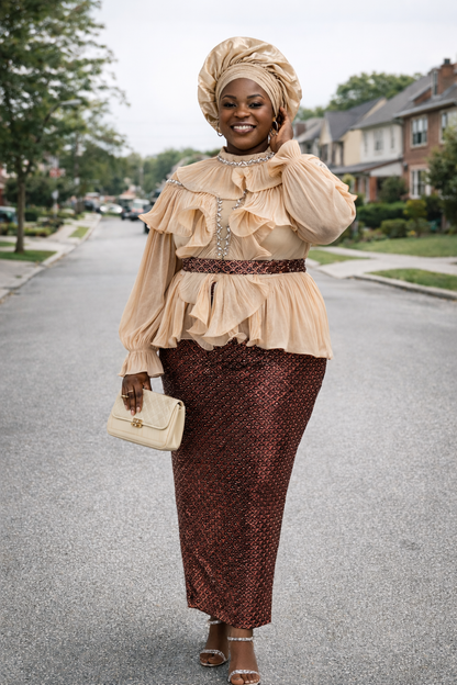 Elegant Peach Ruffle Blouse & Burgundy Maxi Skirt – Royal Traditional Look