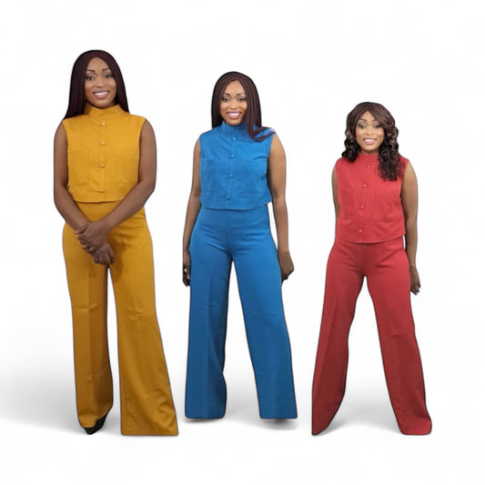 “Elegant Wide-Leg Pants with High-Neck Sleeveless Top – Chic Two-Piece Set”