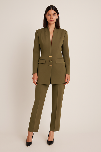 “Classic Green Single-Button Suit Set with Tailored Pants”