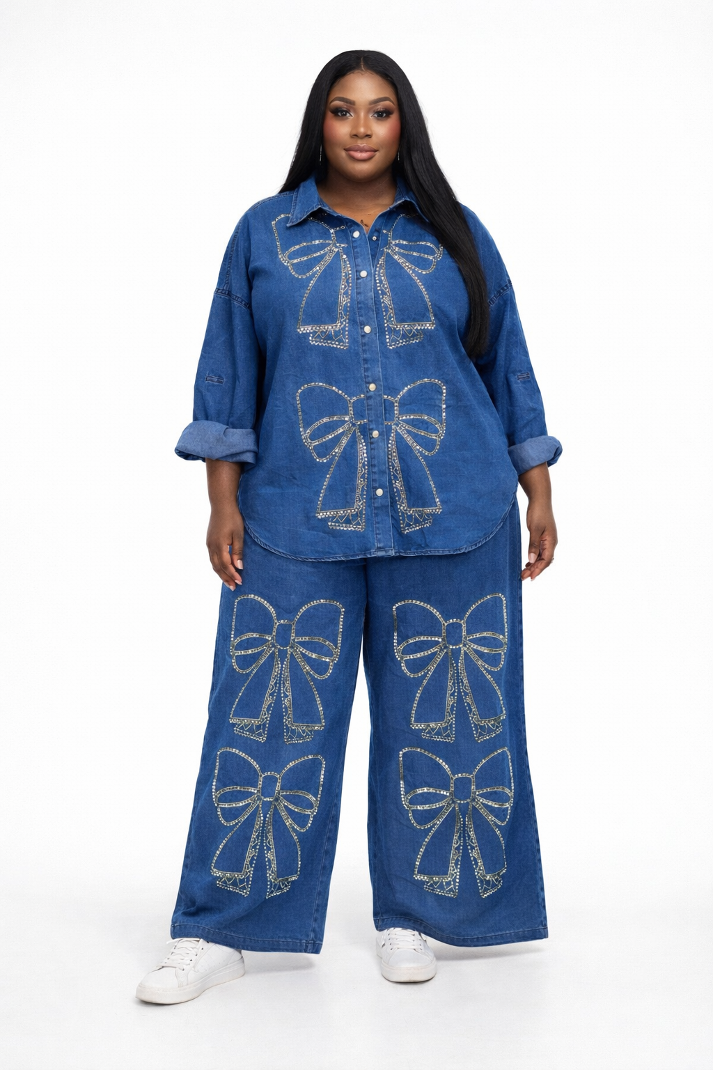 Denim Bow Sparkle Two-Piece Set – Wide Leg Pants - PRE ORDER