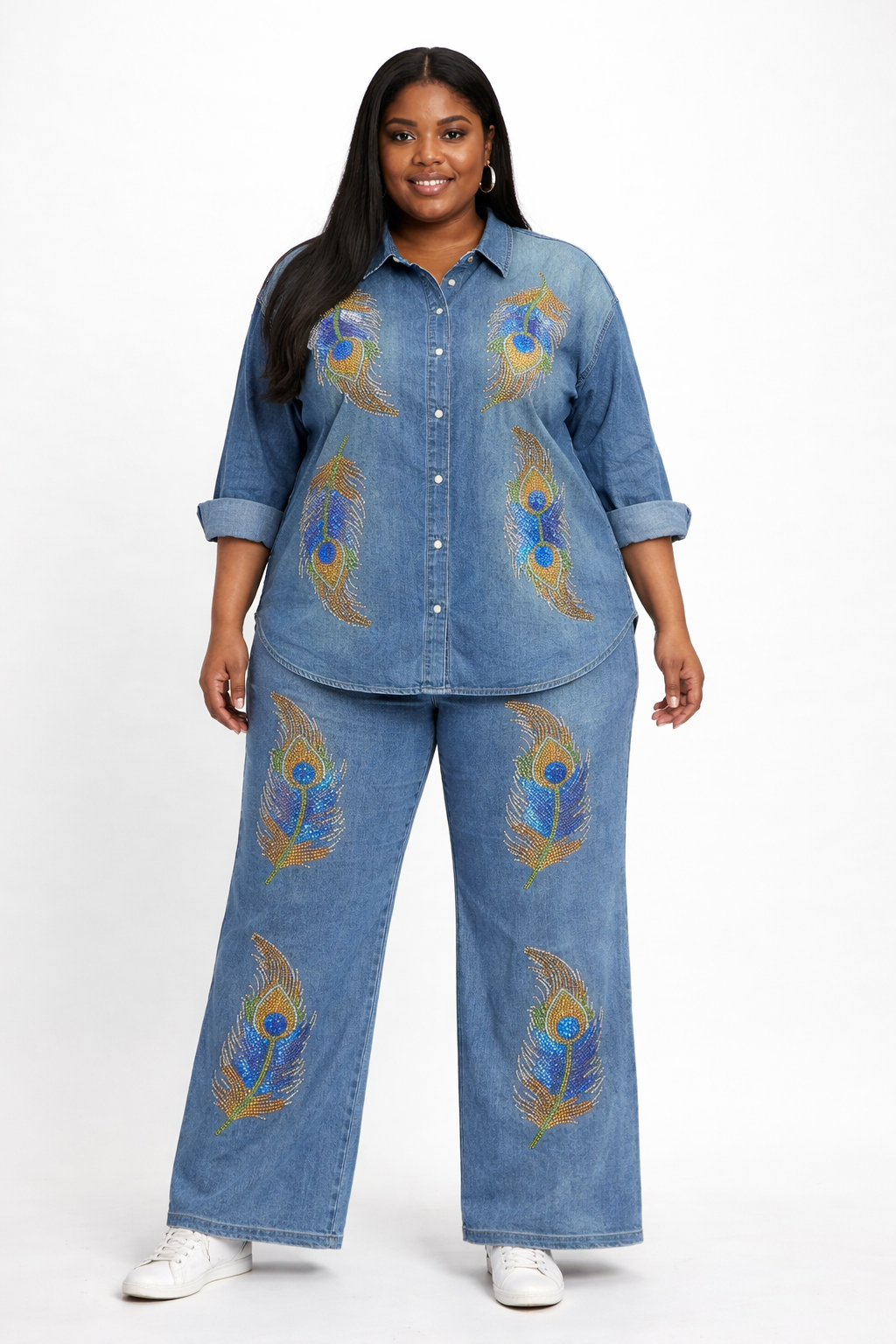 Peacock Feather Embellished Denim Two-Piece Set - PRE ORDER