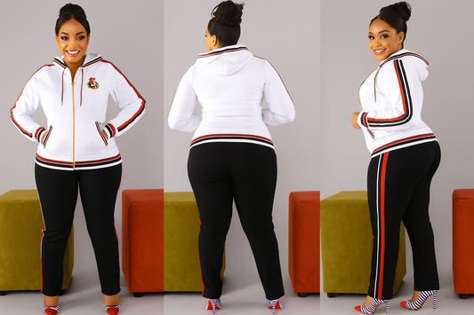 White Top with Front Zipper paired with black joggers.