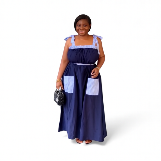 Elegant Navy Maxi Dress with Striped Detailing